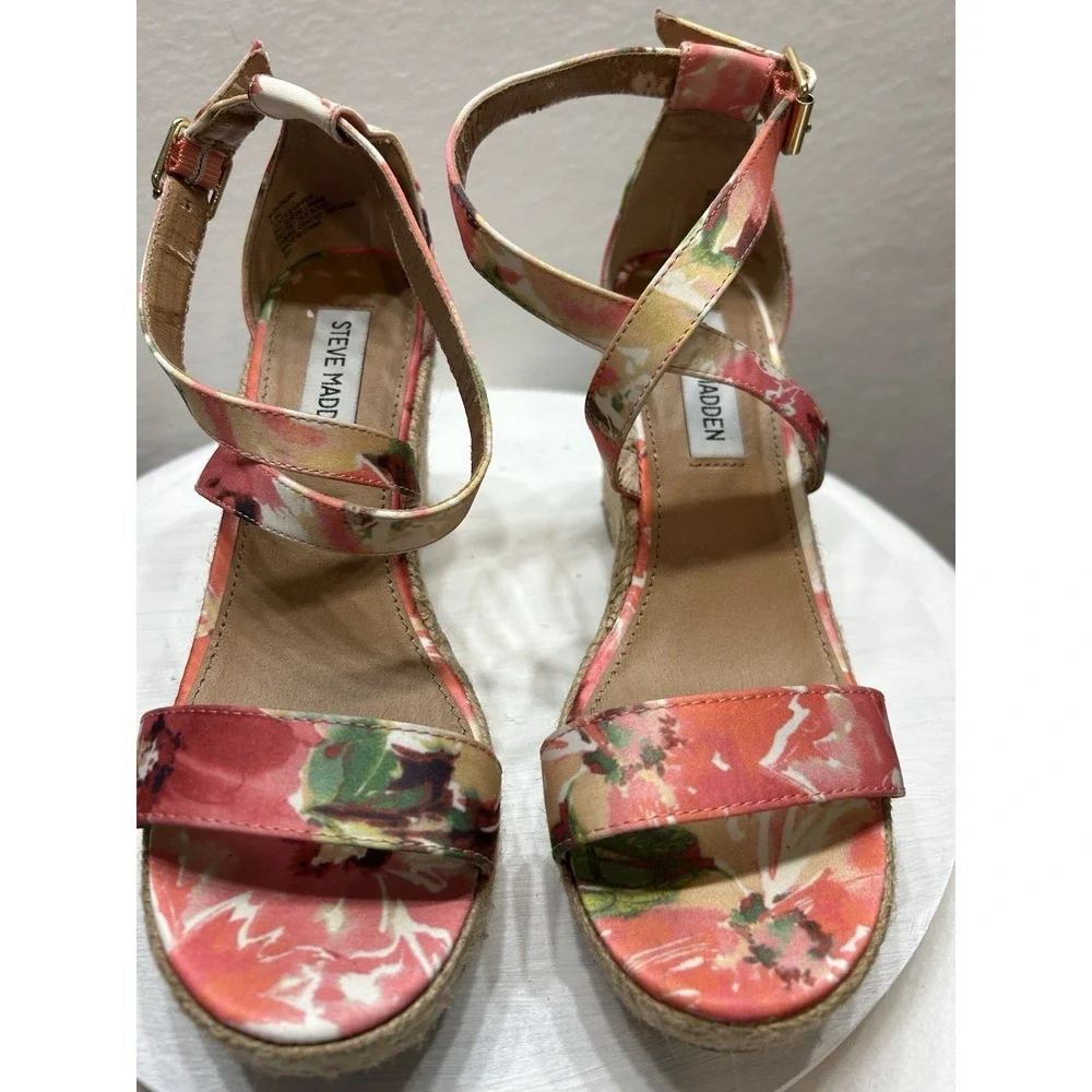 Steve Madden Montauk Espadrille Platform Wedge Fabric Sandals Floral Size 6.5